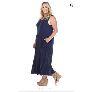 navy blue scoop neck tiered dress maxi L Soft Stretchy Comfortable Classic Style